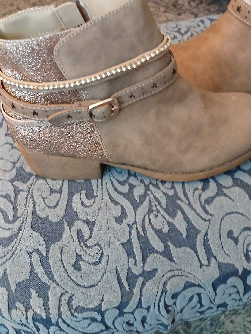 pop Taupe Ankle Booties with Glitter Heel and Rhinestone Strap